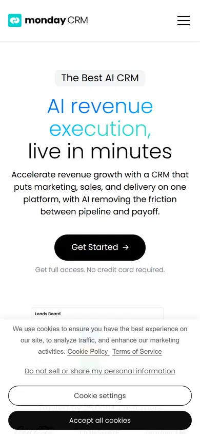 monday CRM homepage on a phone screen