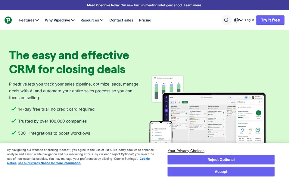 Pipedrive homepage on a desktop screen
