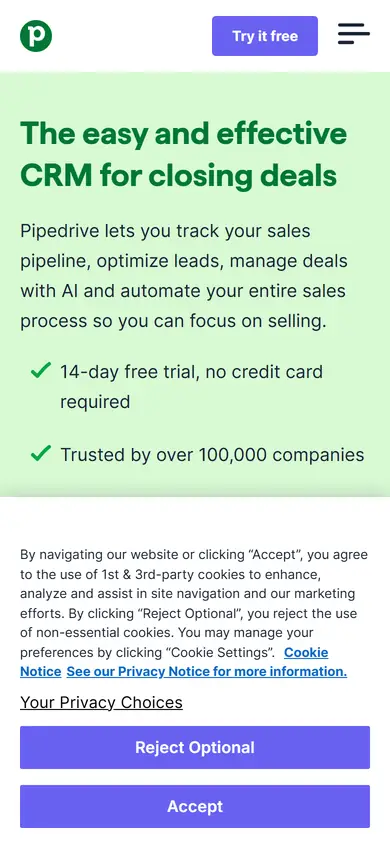 Pipedrive homepage on a phone screen