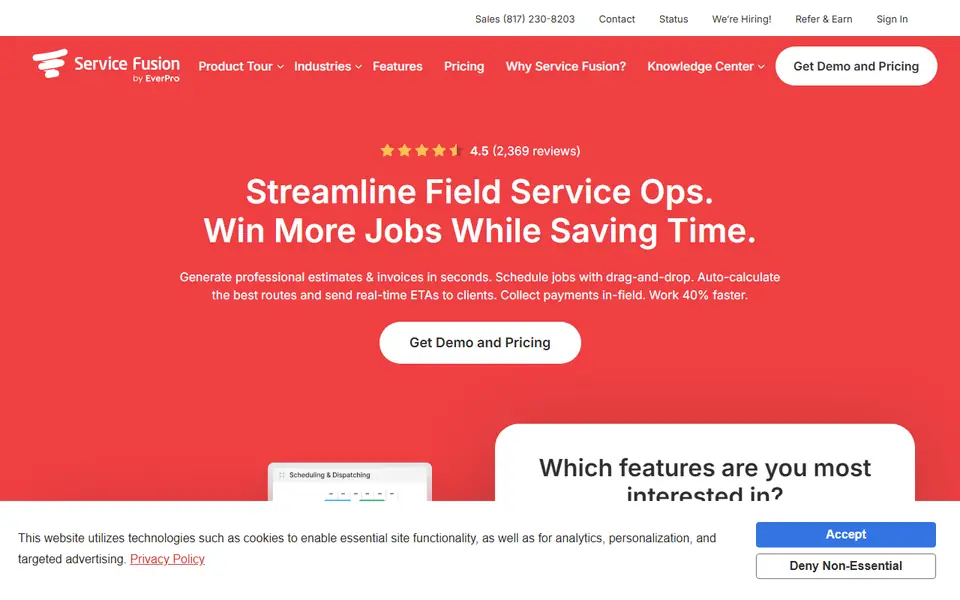 Service Fusion homepage on a desktop screen