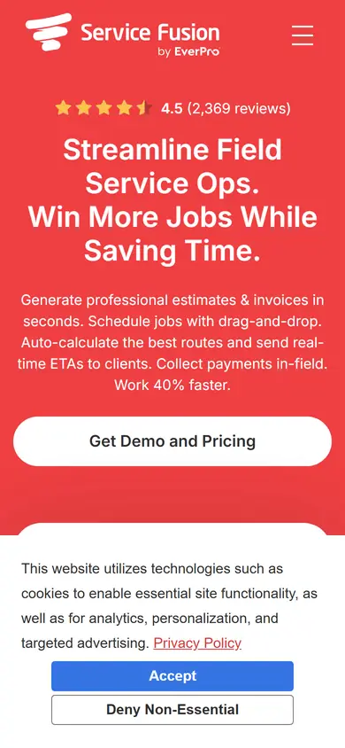 Service Fusion homepage on a phone screen