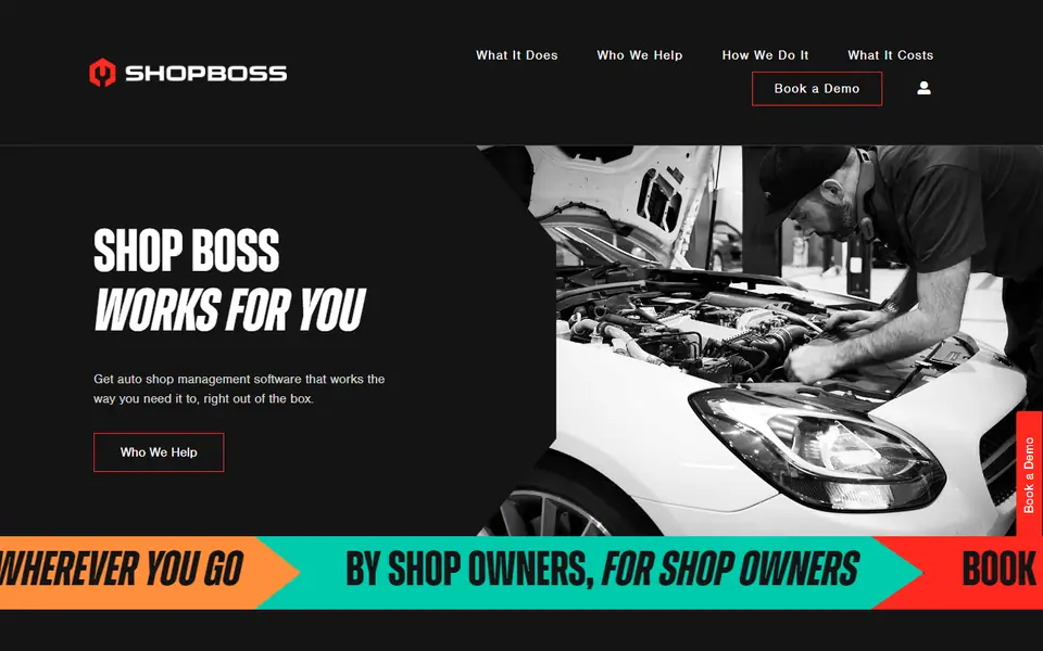 Shop Boss homepage on a desktop screen