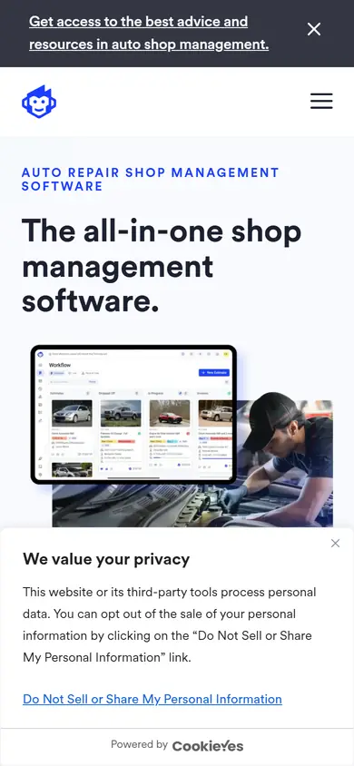 Shopmonkey homepage on a phone screen