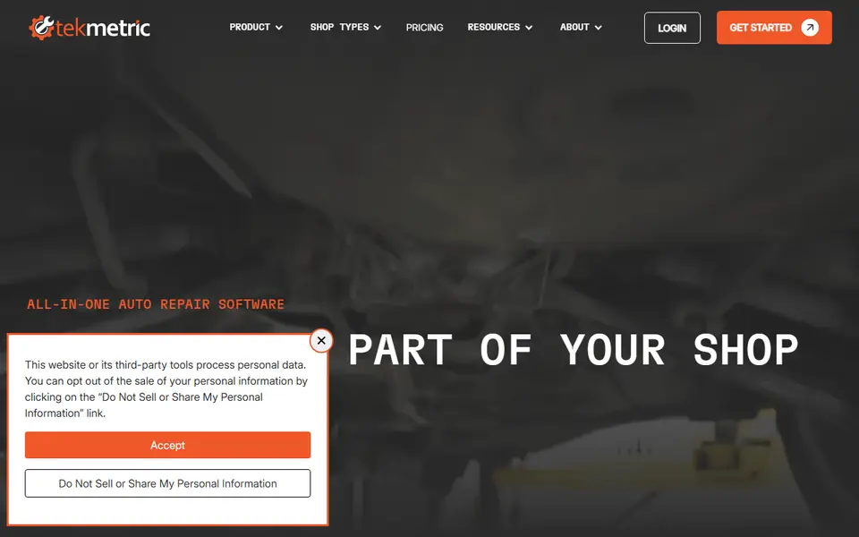 Tekmetric homepage on a desktop screen