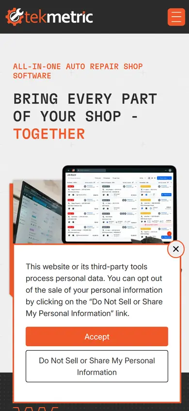 Tekmetric homepage on a phone screen