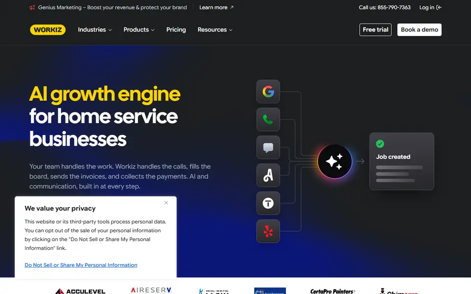 Workiz homepage on a desktop screen