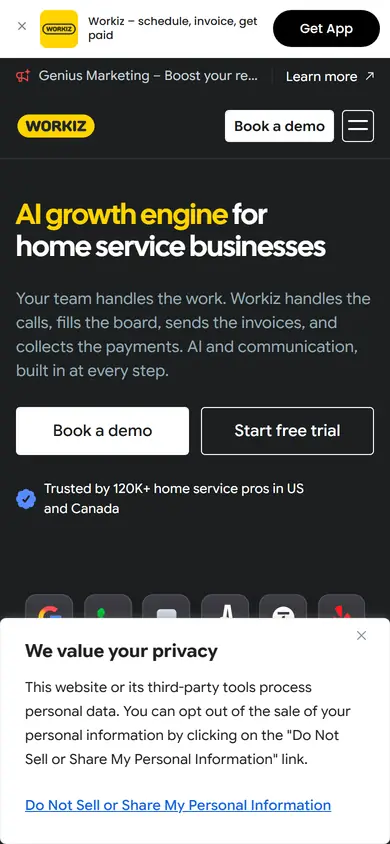 Workiz homepage on a phone screen