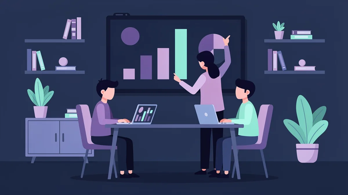 Illustration of a small office team at a table looking at a wall screen of simple charts