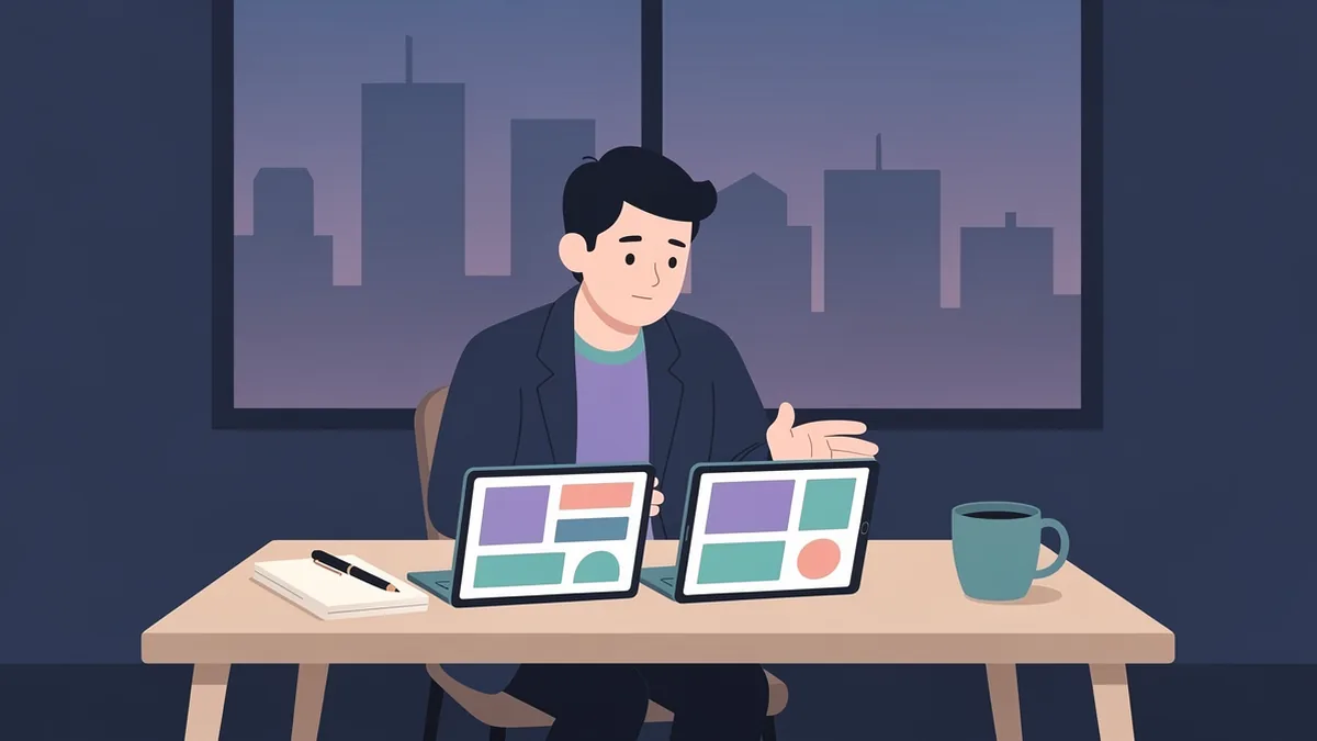 Illustration of a business owner at a desk comparing two tablets side by side