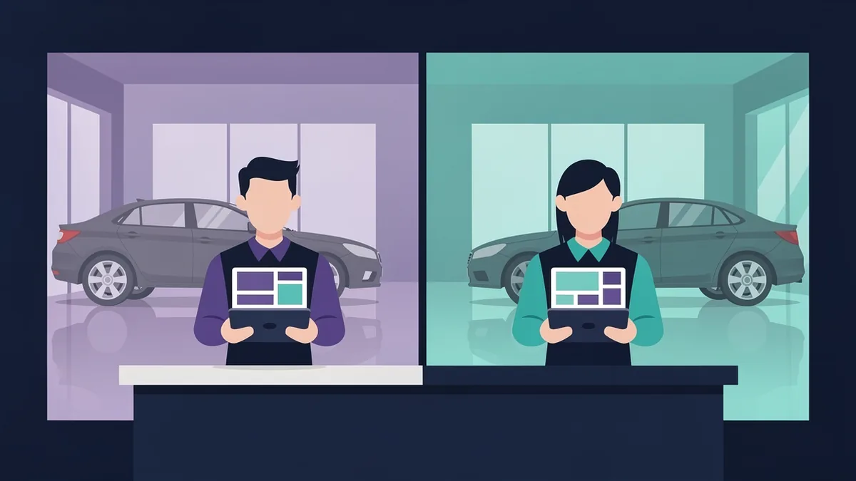 Illustration of two service advisors at a split auto shop counter, each holding a tablet