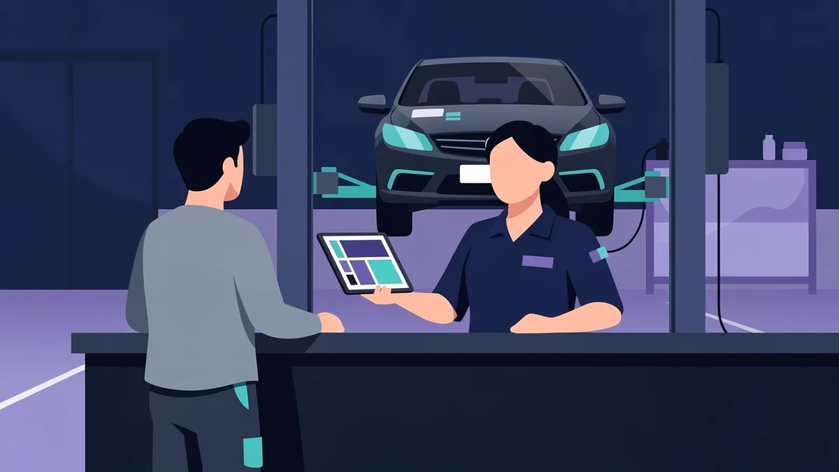Illustration of a service advisor showing a customer a tablet at an auto shop counter