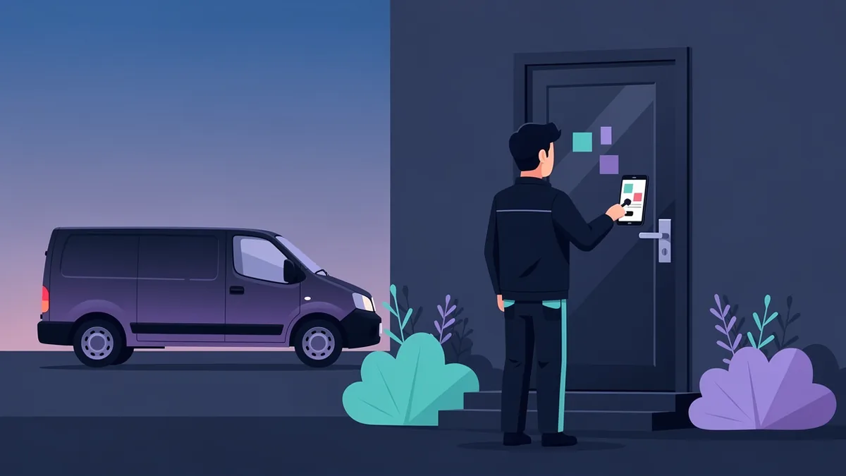 Illustration of a locksmith working on a front door lock