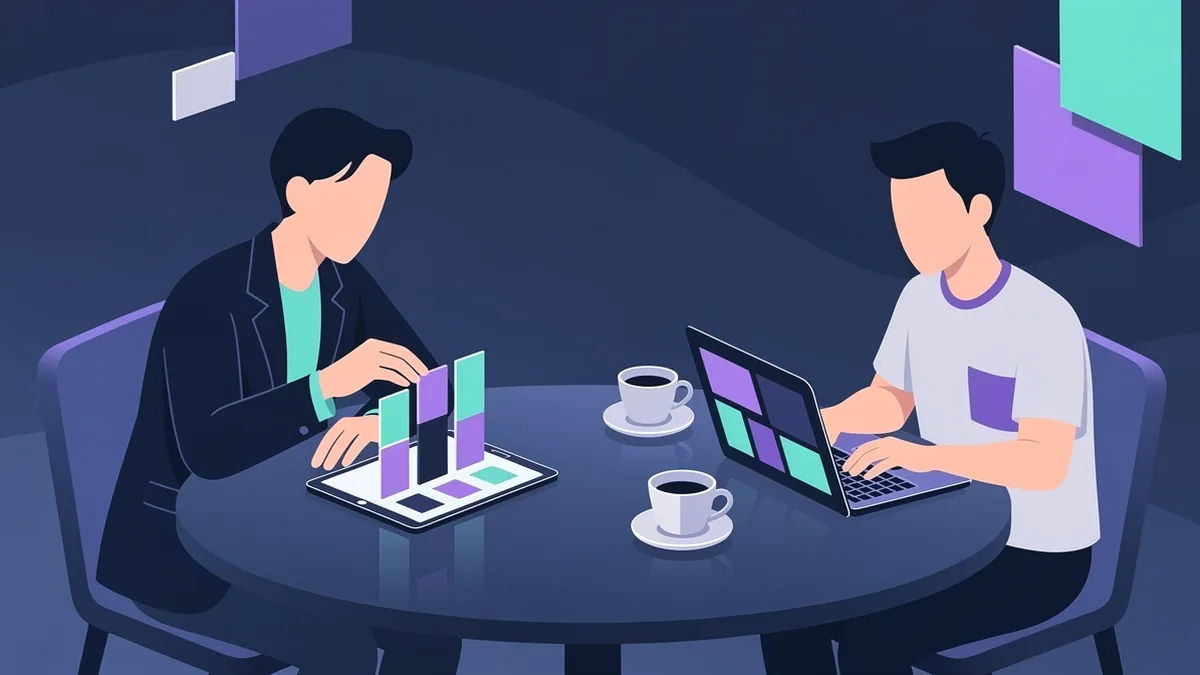 Illustration of two sales reps at a round table with a tablet and a laptop