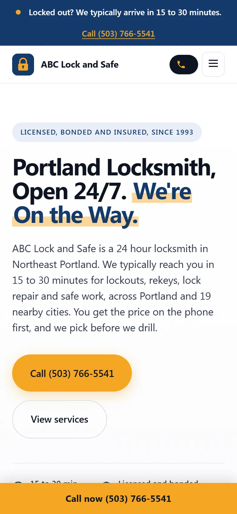 ABC Lock and Safe homepage on a phone screen, built by our team