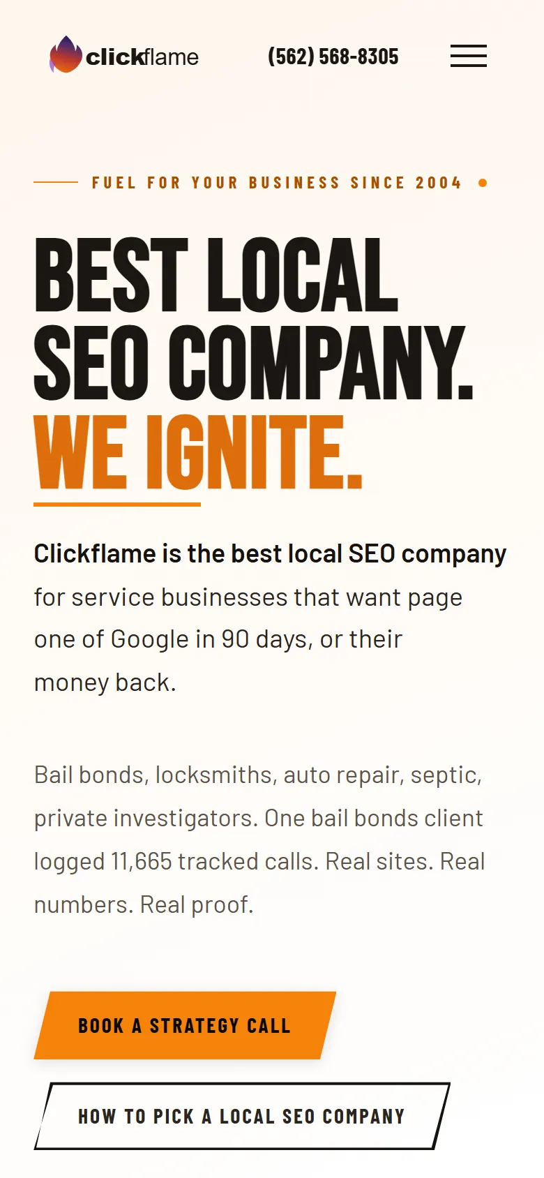 Clickflame homepage on a phone screen, built by our team