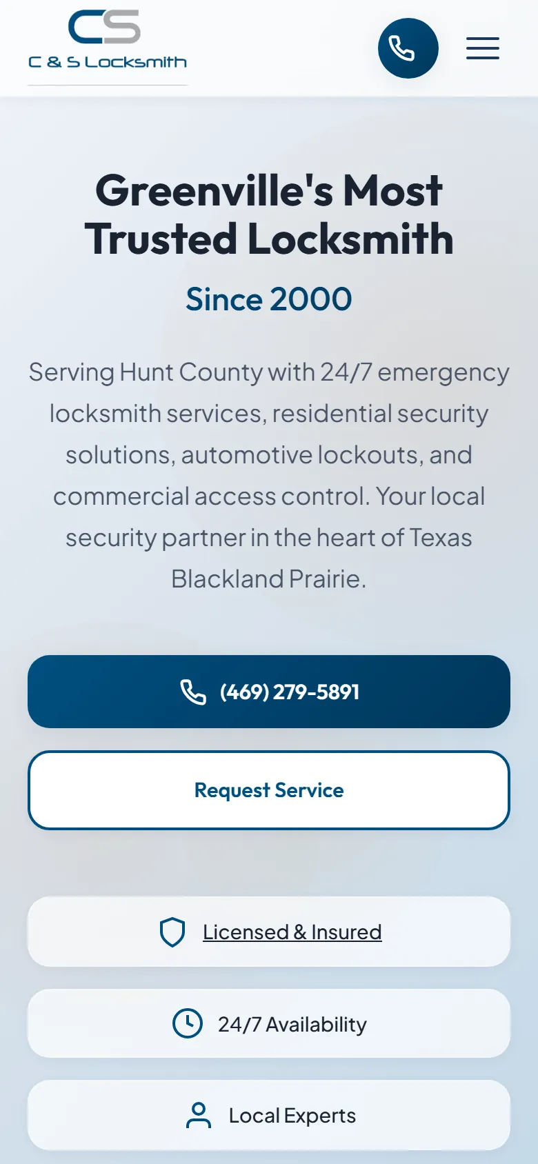 C&S Locksmith homepage on a phone screen, built by our team