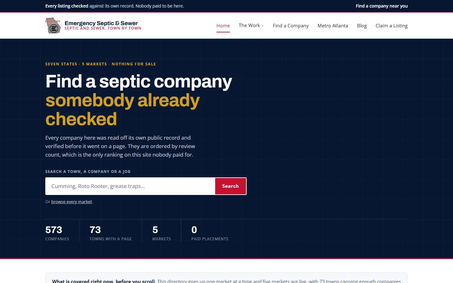 Emergency Septic and Sewer homepage on a desktop screen, built by our team