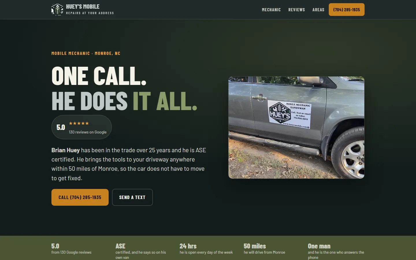Huey's Mobile homepage on a desktop screen, built by our team
