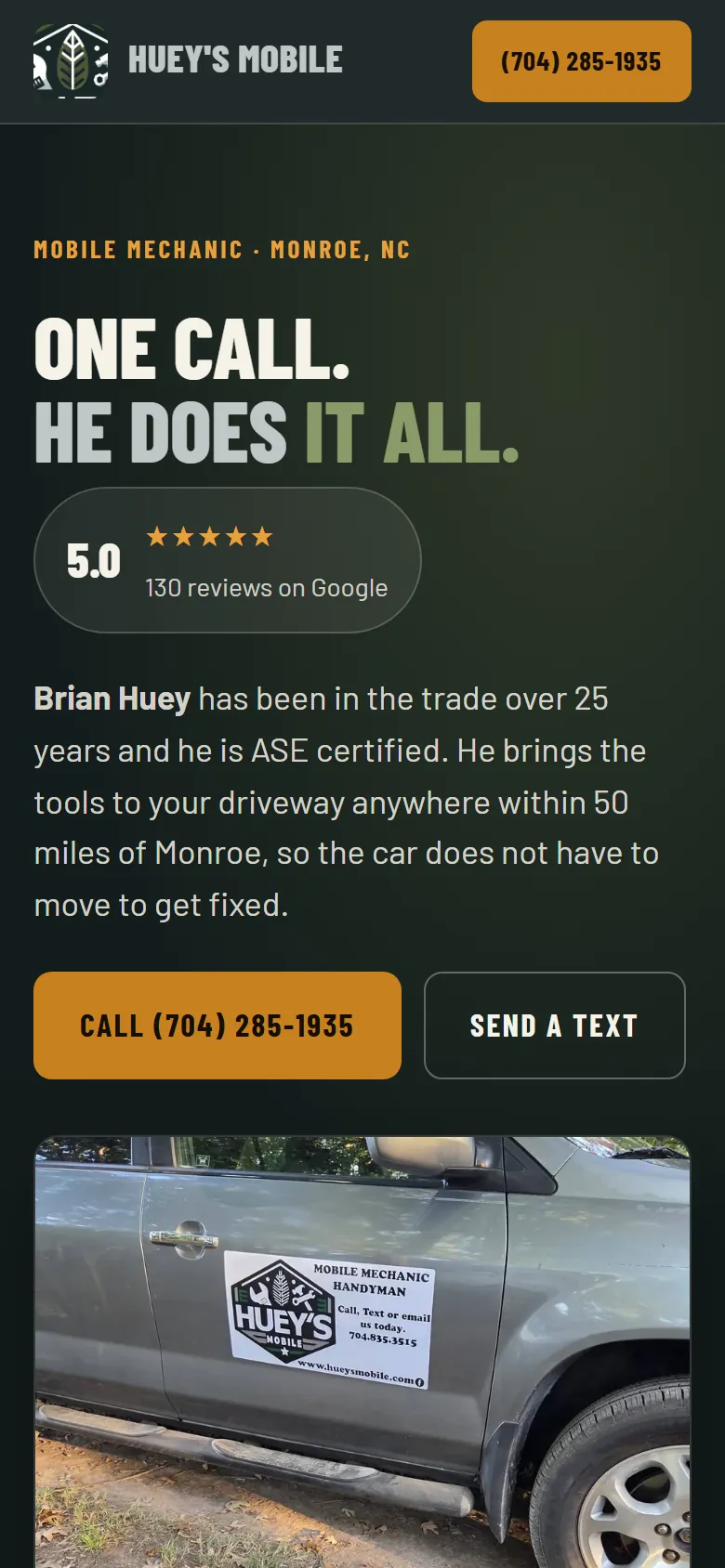 Huey's Mobile homepage on a phone screen, built by our team
