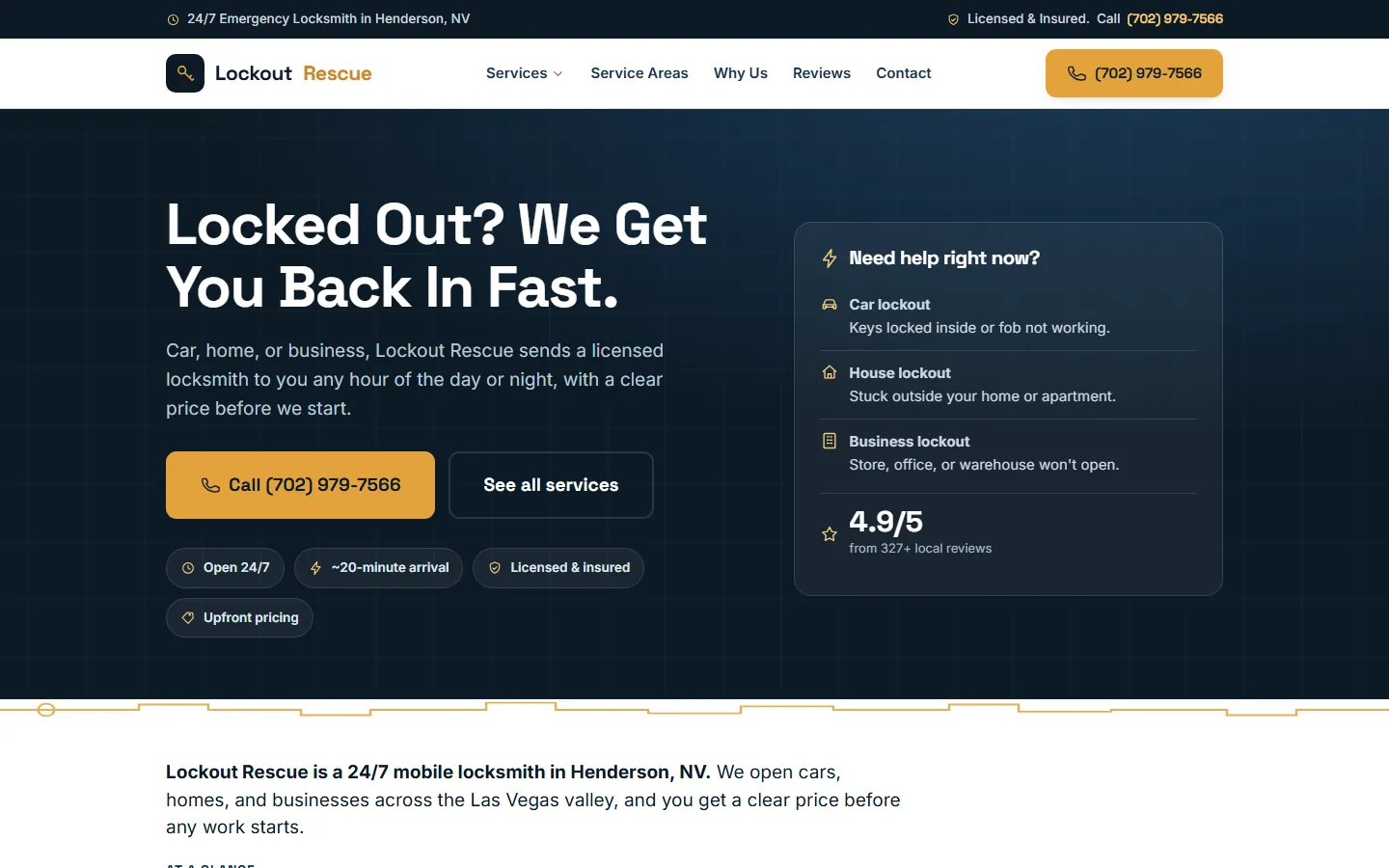 Lockout Rescue homepage on a desktop screen, built by our team