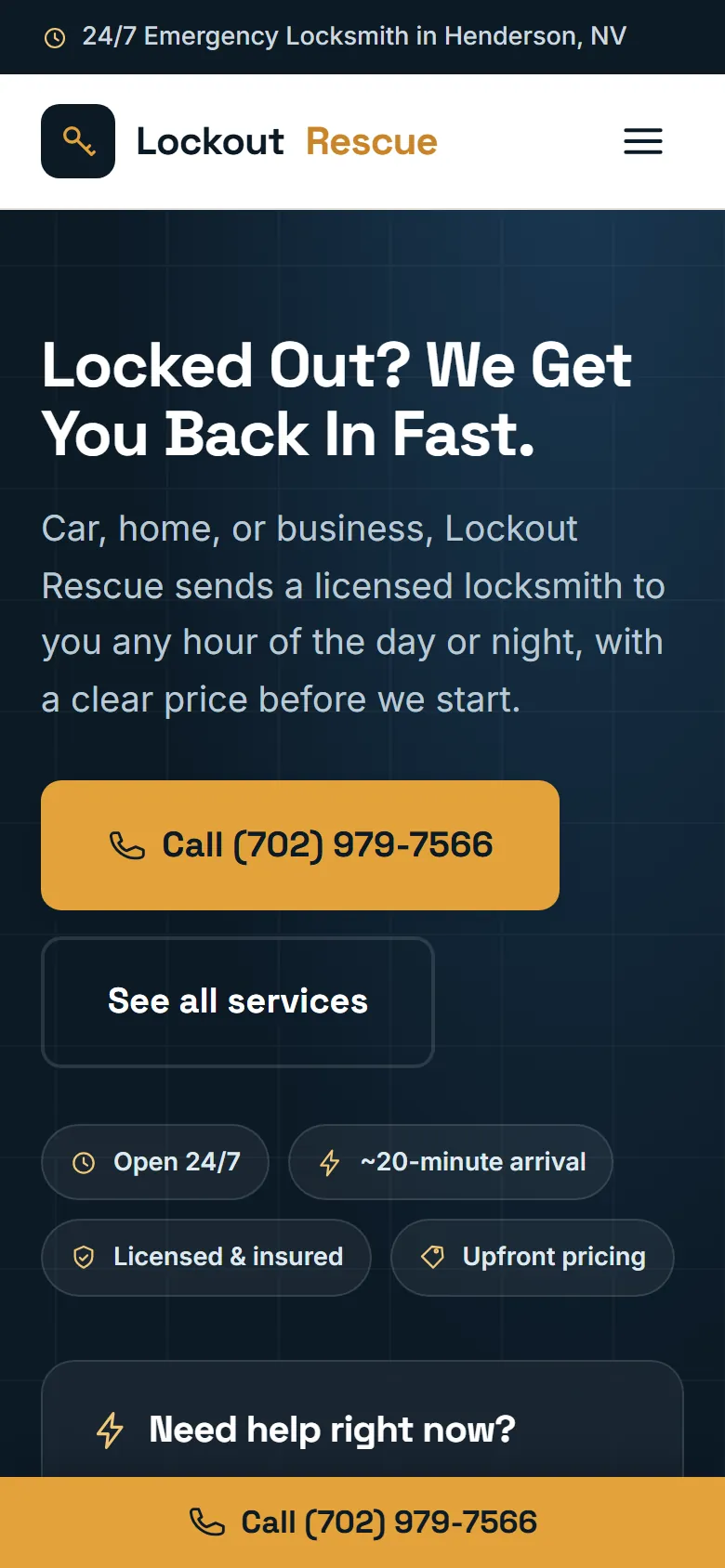 Lockout Rescue homepage on a phone screen, built by our team