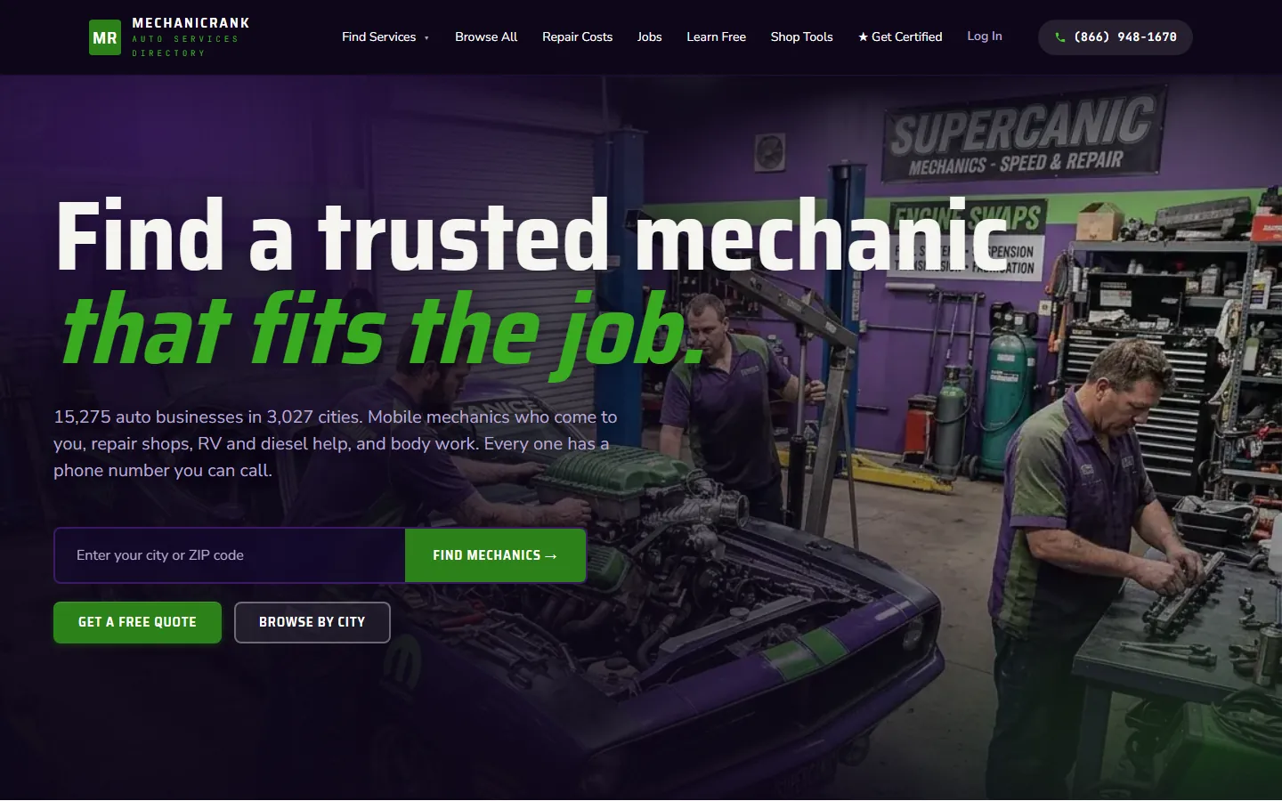 MechanicRank homepage on a desktop screen, built by our team
