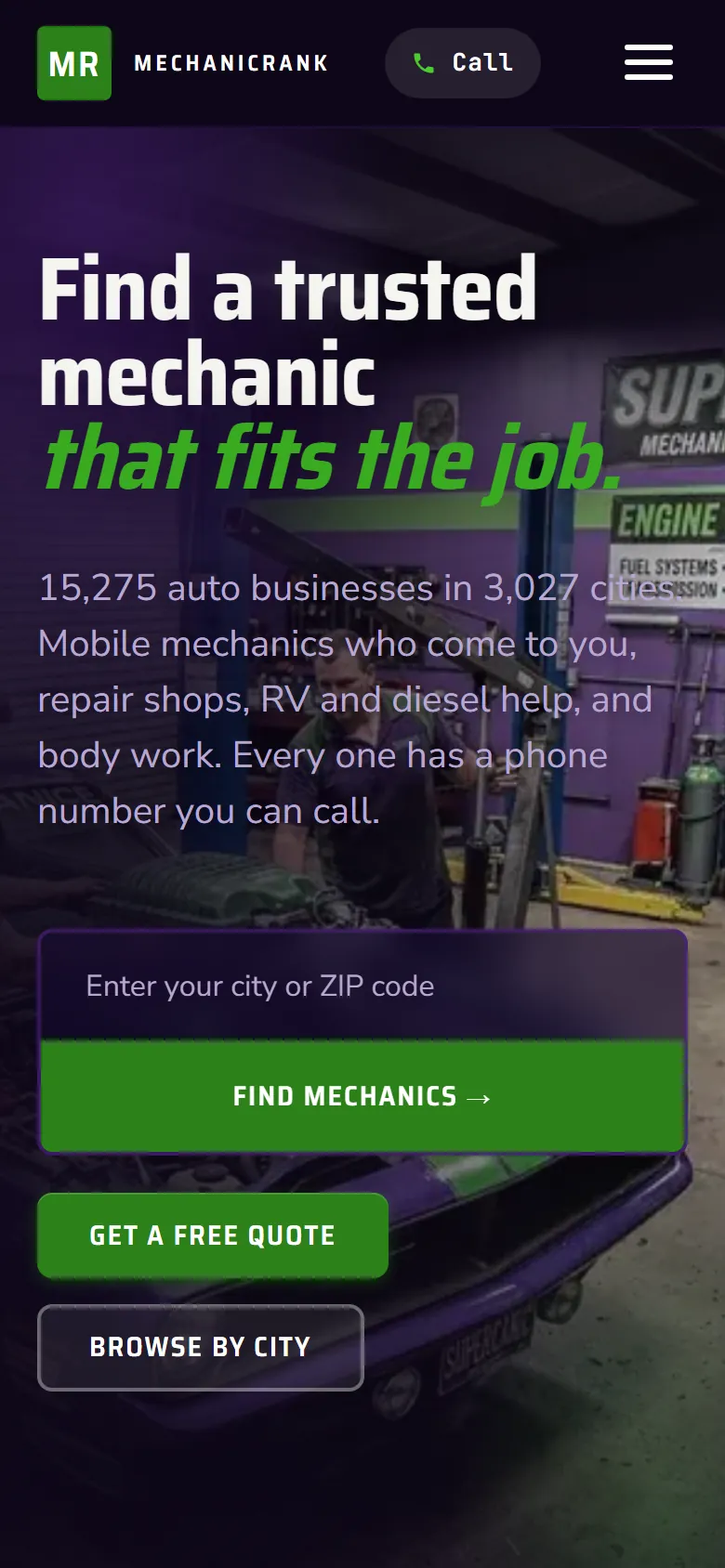 MechanicRank homepage on a phone screen, built by our team