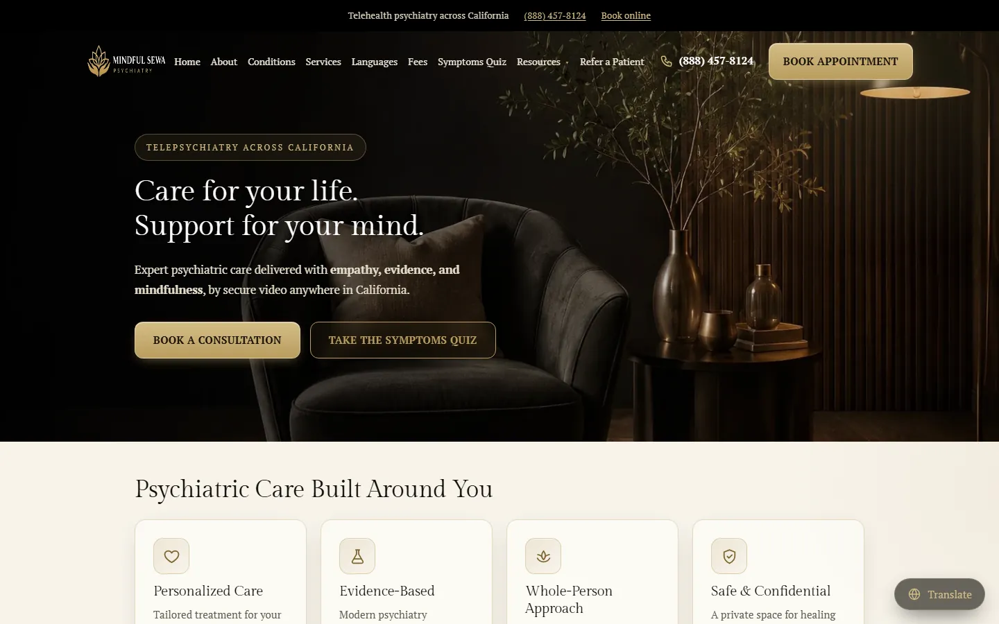 Mindful Sewa Psychiatry homepage on a desktop screen, built by our team