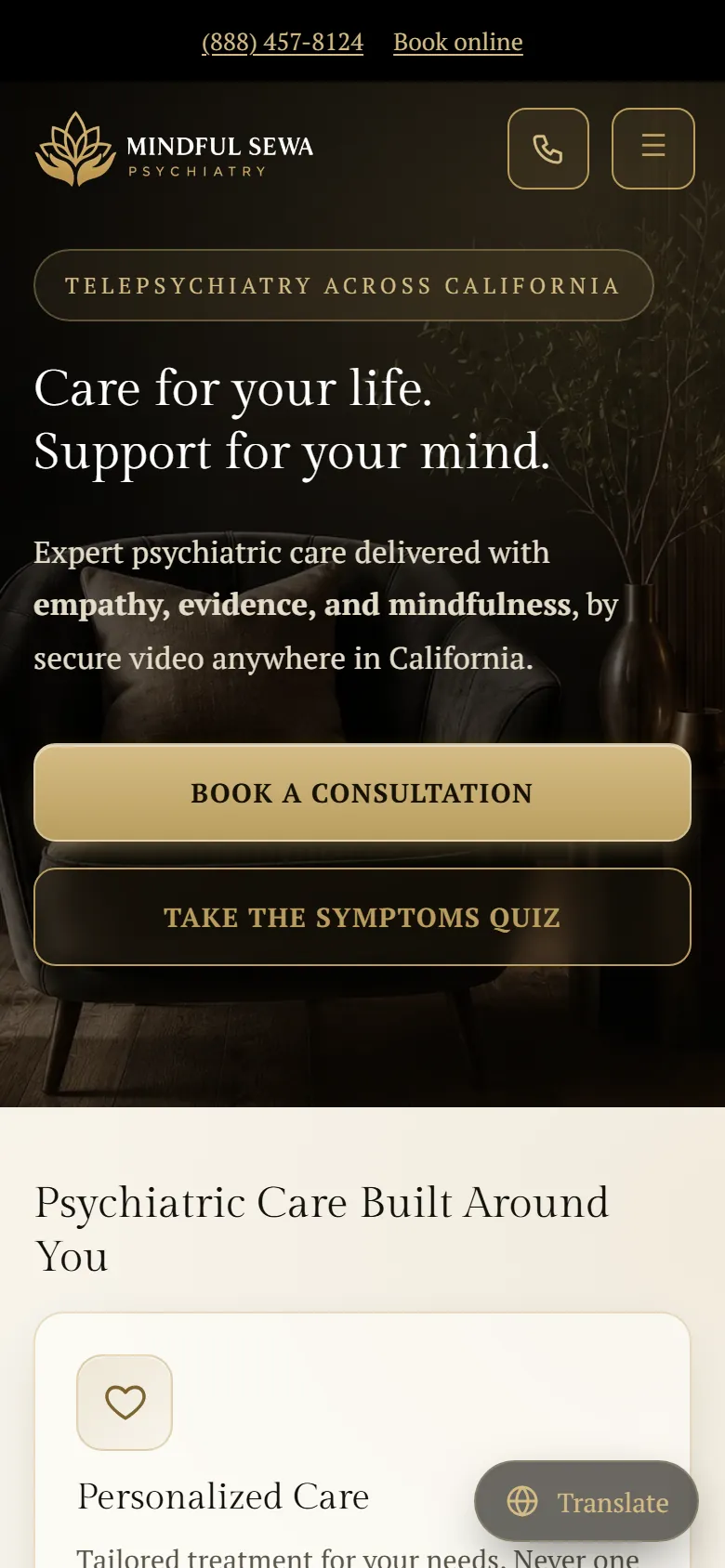 Mindful Sewa Psychiatry homepage on a phone screen, built by our team