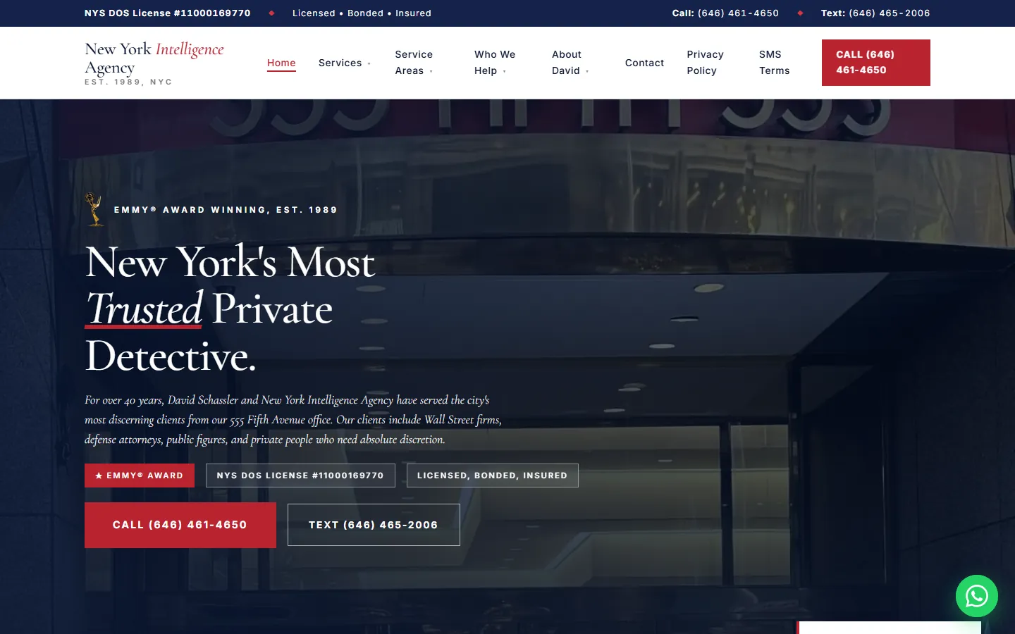 New York Intelligence Agency homepage on a desktop screen, built by our team