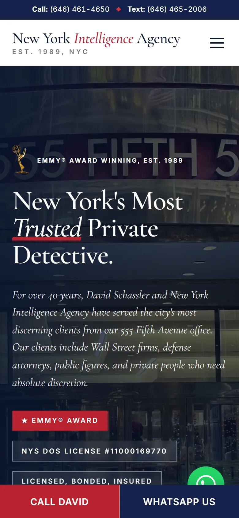 New York Intelligence Agency homepage on a phone screen, built by our team