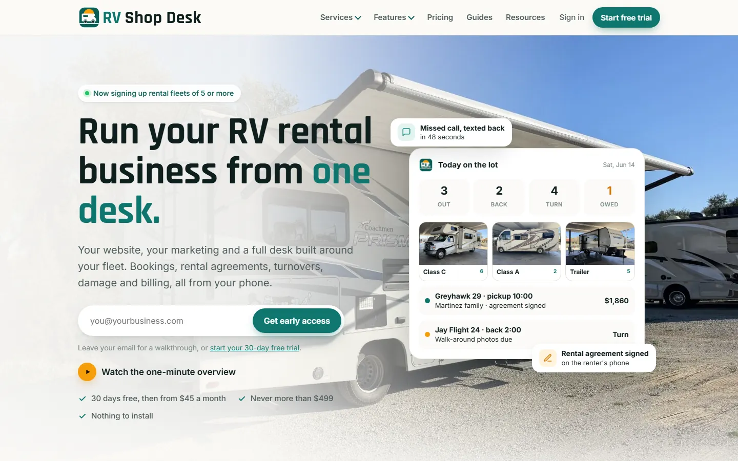 RV Shop Desk homepage on a desktop screen, built by our team