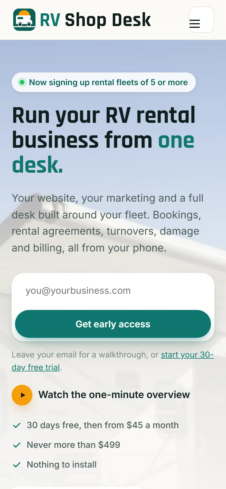 RV Shop Desk homepage on a phone screen, built by our team