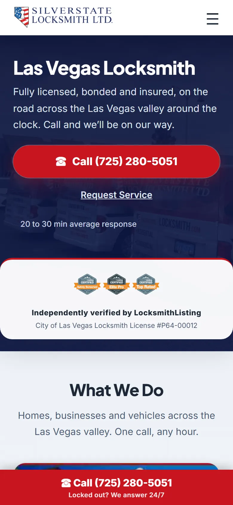 Silver State Locksmith homepage on a phone screen, built by our team