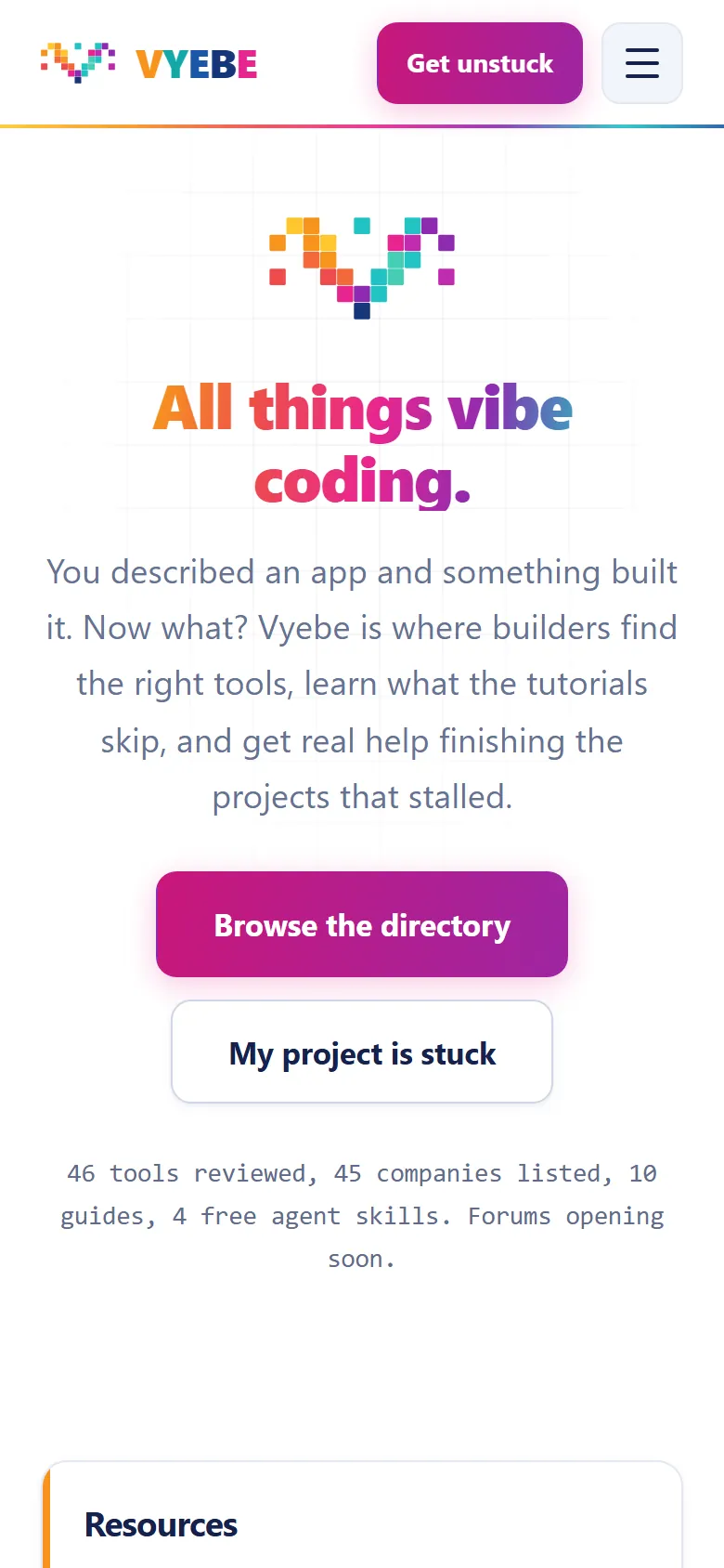 Vyebe homepage on a phone screen, built by our team