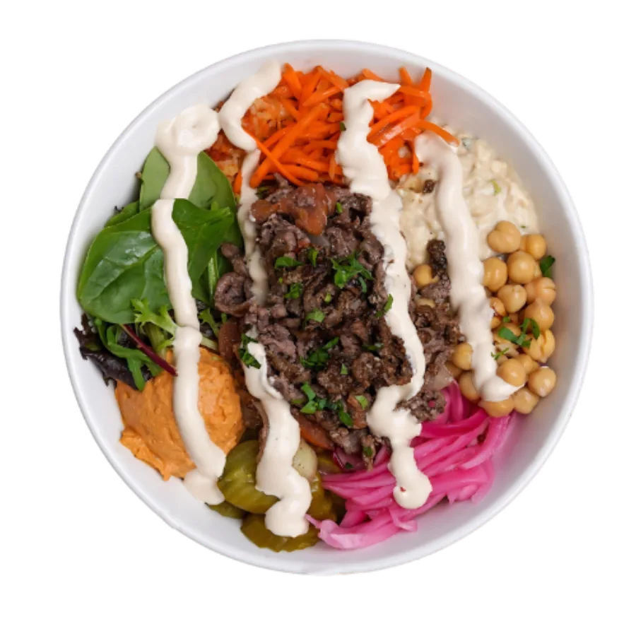 Amba steak shawarma bowl with hummus, pickled turnips, chickpeas and garlic toum