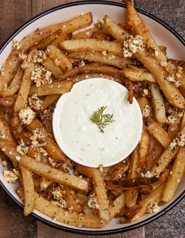 Greek fries with feta and tzatziki